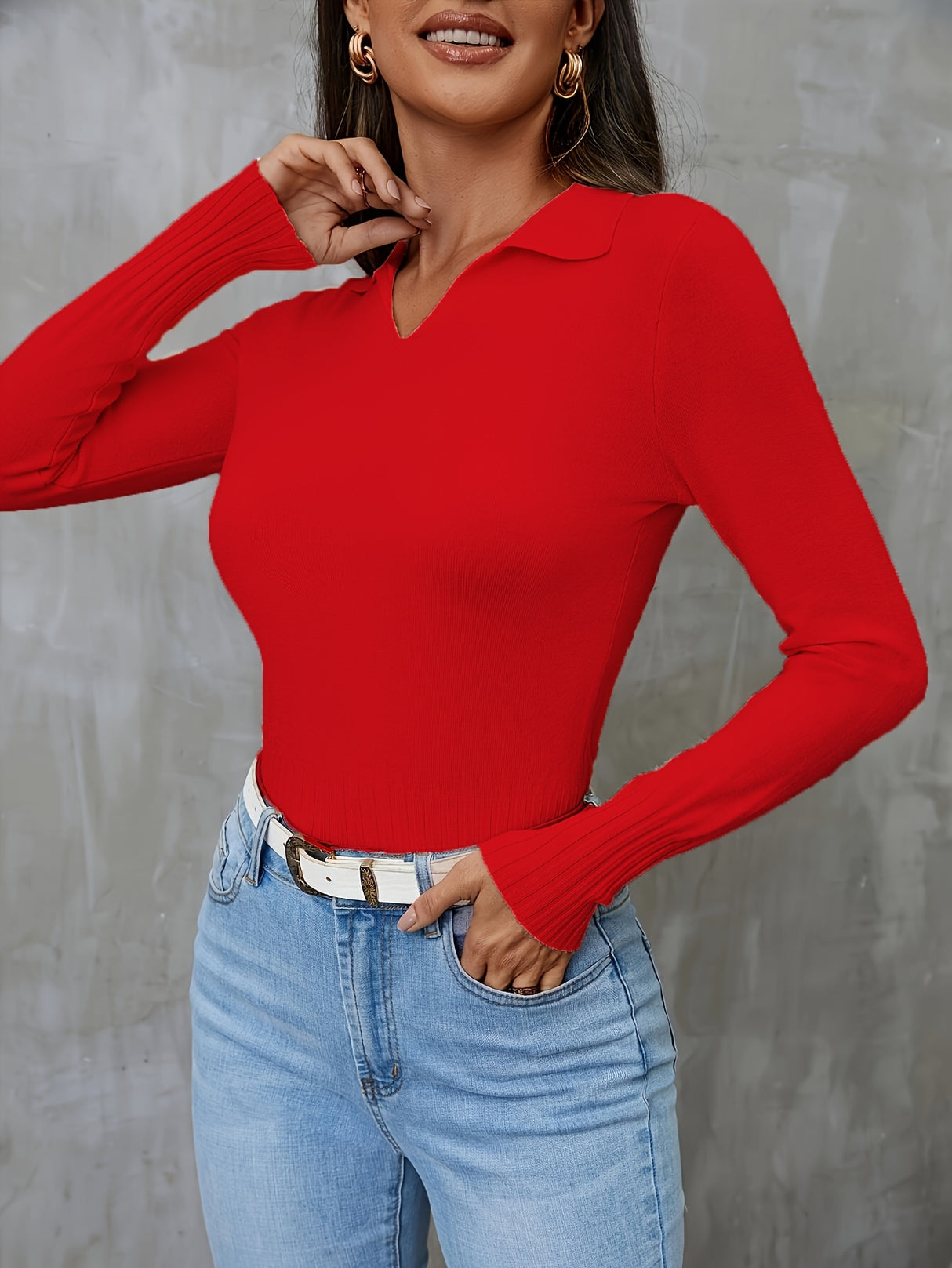 High-Elasticity Solid Lapel Collar Pullover Sweater - Soft, Cozy, and Versatile Casual Long Sleeve Crop Top for Women - Perfect for Spring, Fall, and All Seasons