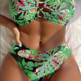 2 Piece Leaf Print Bandeau Bikini Set - High Cut, Off the Shoulder, Cross Strap, High Stretch, Machine Washable, Polyester Swimsuit for Women - Perfect for Swimming