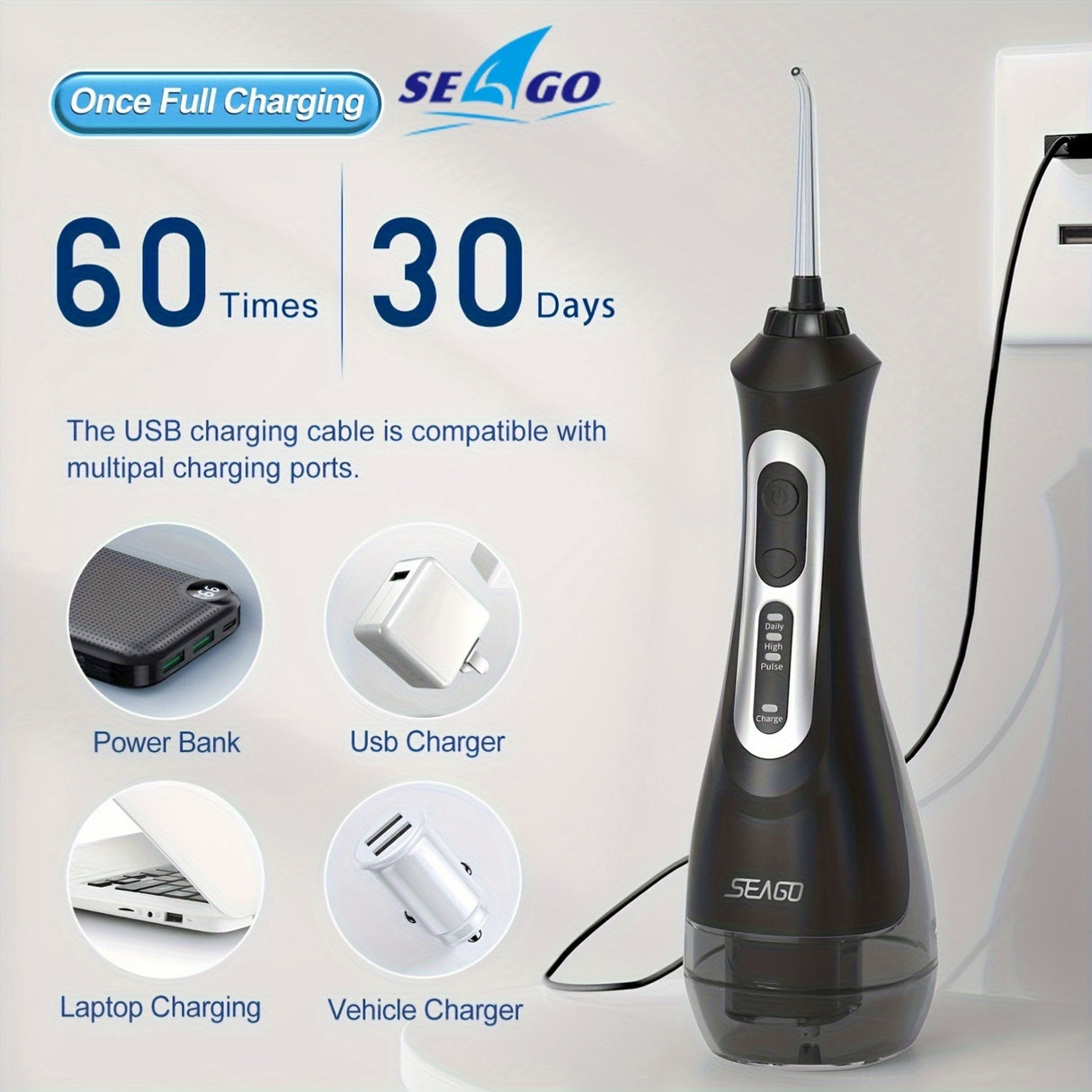 Seago Water Flosser with Rechargeable Electric Toothbrush Adults Sonic Tooth Brush 8 Pieces Brush Heads Oral Dental Irrigator 5 Nozzle Tips White Black Home Gift