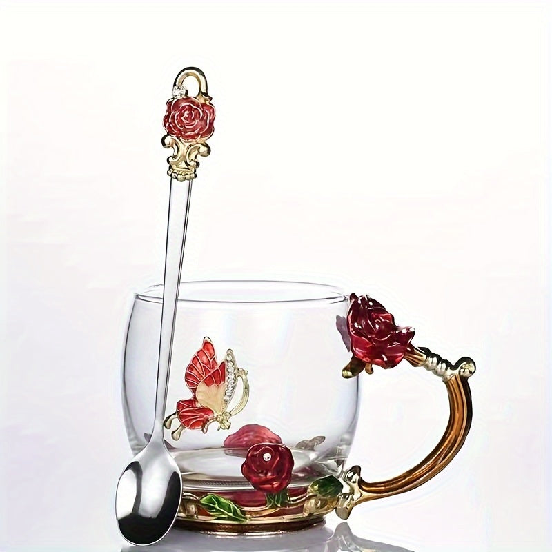 1pc, Exquisite Rose Enamel Butterfly Tea Cup - Heat Resistant, Clear Glass, Painted Flower Design, Elegant Coffee Mug, Tumbler, Ideal Breakfast Drinking Glass, Perfect Gift for Tea Lovers