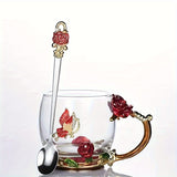 1pc, Exquisite Rose Enamel Butterfly Tea Cup - Heat Resistant, Clear Glass, Painted Flower Design, Elegant Coffee Mug, Tumbler, Ideal Breakfast Drinking Glass, Perfect Gift for Tea Lovers