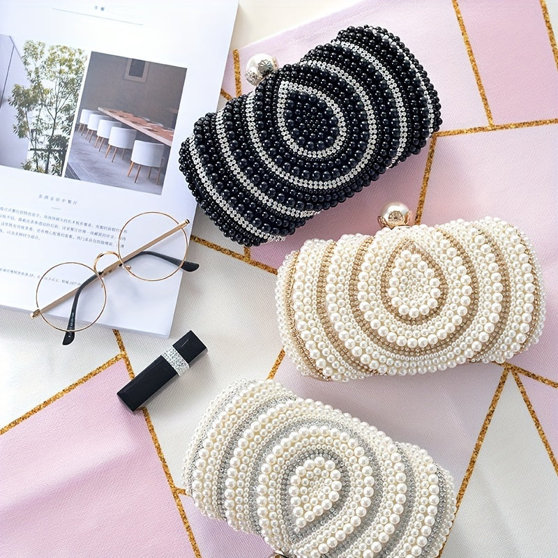 Elegant Striped Fabric Clutch Bag with Beaded Embellishment - Adjustable Strap, Lining, Buckle Closure - Perfect for Wedding Party, Prom, Formal Evening Events