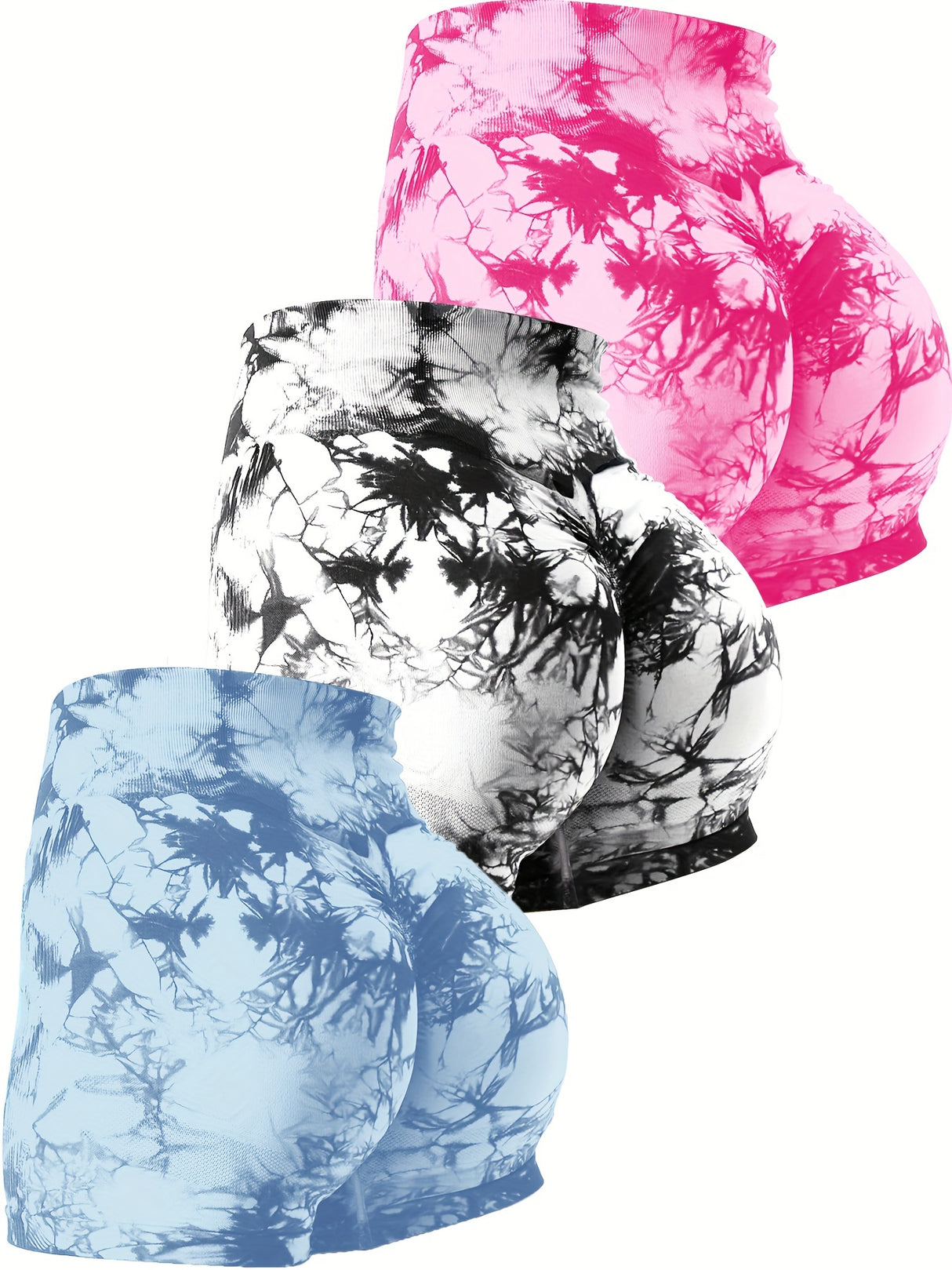 3 Piece Tie Dye Workout Shorts For Women, Scrunch Butt Lifting High Waisted Yoga Gym Seamless Booty Biker Shorts, Women's Activewear