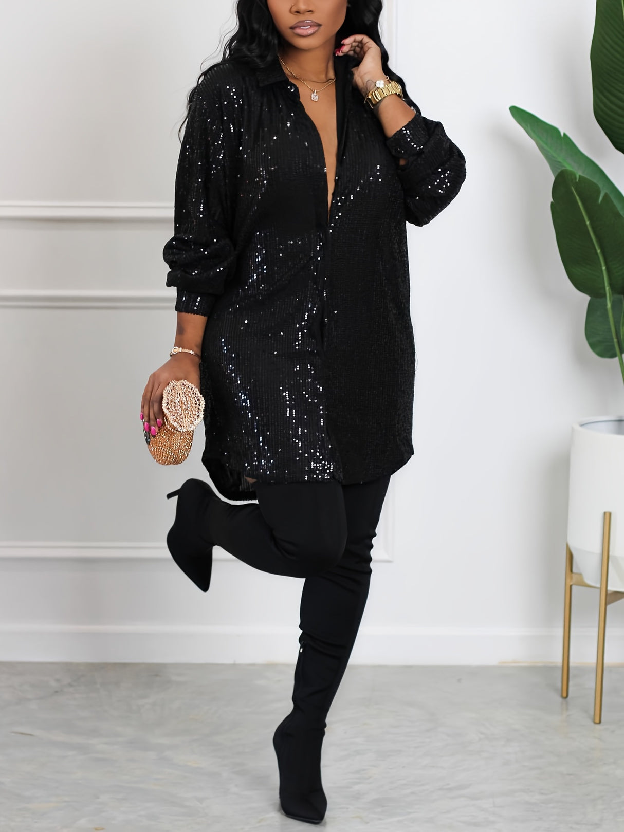 Plus Size Glamour - Sequined, Long Sleeve, Turn Down Collar, Button Up Shirt Dress for Women - Perfect for Party, Evening, and Formal Occasions