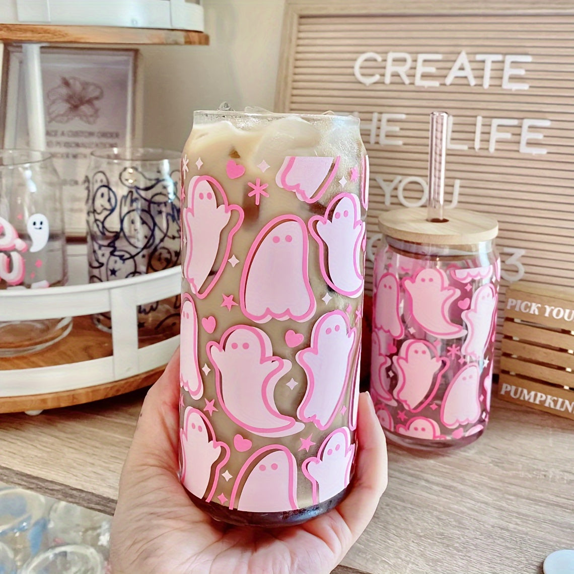 Quirky Pink Ghost 16oz Drinking Glass - Lid & Straw Set, Can-Shaped Iced Coffee Cup for Tea, Juice & Milk, Perfect Birthday & Halloween Gifts, Uniquely Fun Drinkware