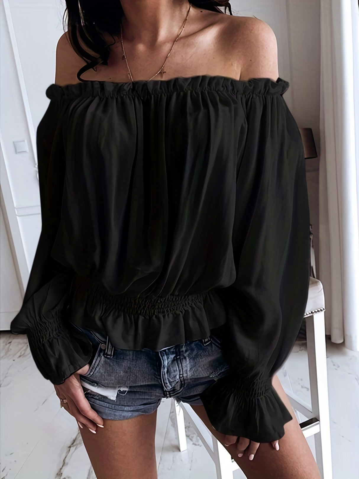 Chic Off Shoulder Ruffle Trim Blouse - Soft Micro Elastic Polyester Fabric, Shirred Details, Solid Color, Casual Long Sleeve Top for Women - Perfect for Spring, Fall, and Summer
