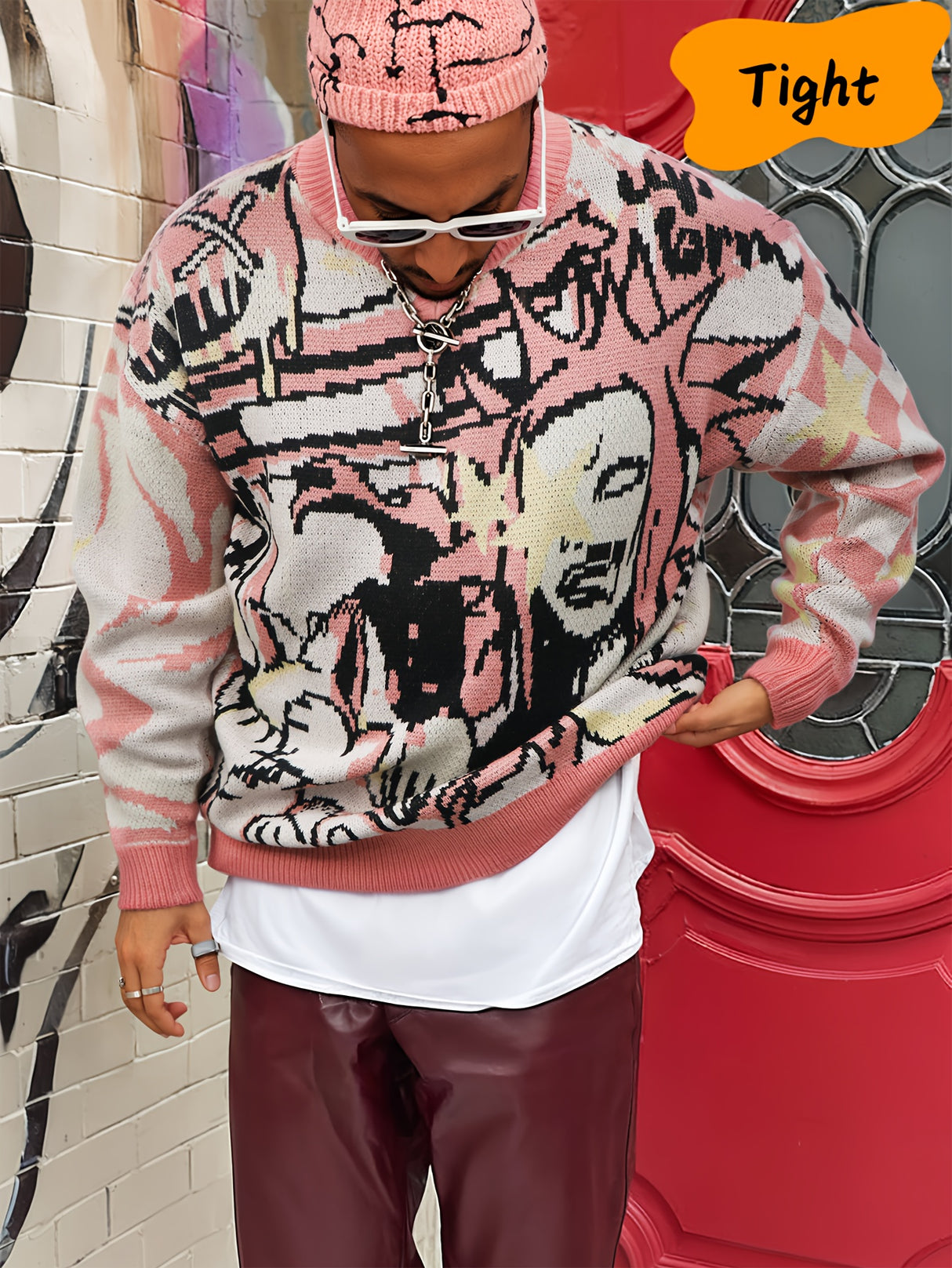 ANDREILEE Street Style Knit Pullover Sweater for Men - Crew Neck, Long Sleeve, Cartoon Pattern, Viscose Blend, Medium Stretch, Regular Fit, Casual Hip-Hop Fall/Winter Knitted Jumper - For Men - Suitable for Fall/Winter - Perf