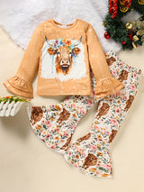 Zehjuhan Toddler Baby Girls Clothes Long Sleeve Round Collar Bull Head T Shirt Tops Print Flared Pants Casual Little Girls Outfit Set