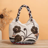 Bohemian Style Handmade Flower Tote Bag, Foldable, Zipper Closure, Fixed Shoulder Strap, with Wristlet, for Vacation