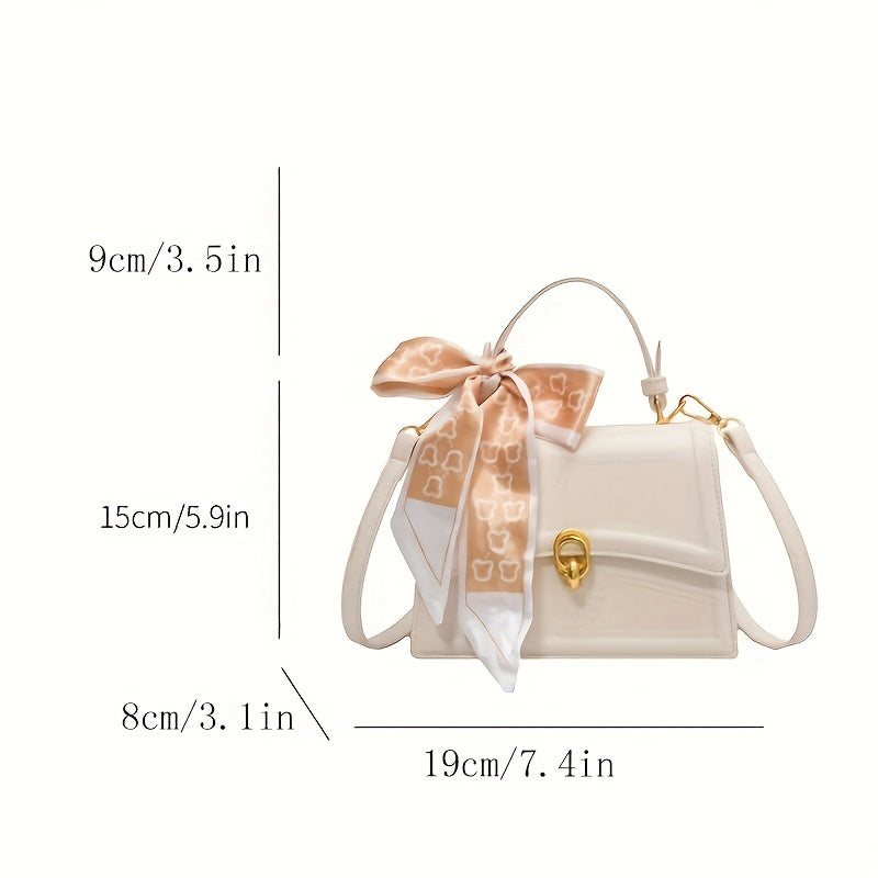 Embossed Square Handbag, Trendy Scarf Decor Crossbody Bag, Women's Small PU Leather Flap Purse