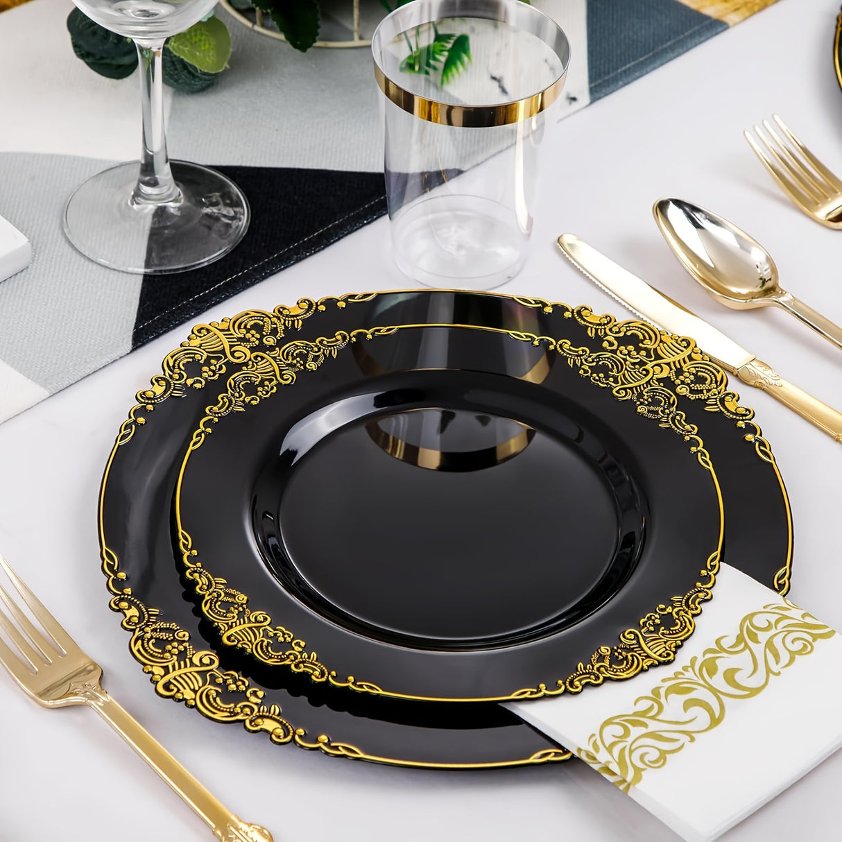 350PCS Black and Gold - Blue and Gold - Rose and Gold Plastic Plates - Black - Blue -Rose Plastic Dinnerware Sets for 50 Guests - 100 Black - Blue -Rose Disposable Plates, 150 Gold Plastic Silverware, 50 Cups, 50 Napkins for
