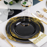 350PCS Black and Gold - Blue and Gold - Rose and Gold Plastic Plates - Black - Blue -Rose Plastic Dinnerware Sets for 50 Guests - 100 Black - Blue -Rose Disposable Plates, 150 Gold Plastic Silverware, 50 Cups, 50 Napkins for