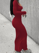 Long Sleeve Solid Casual Maxi Dress, Simple Scoop Neck Dress for Women
