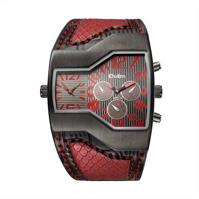 Oulm Classic Style Two Time Zone Men's Watches PU Leather Wristwatch Male Quartz Clock, Ideal choice for Gifts