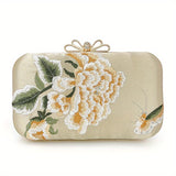 Flower Embroidery Pearl Chain Clutch Bag, Elegent Textured Metal Frame Bag, Classic Celebrity Dinner Evening Bag