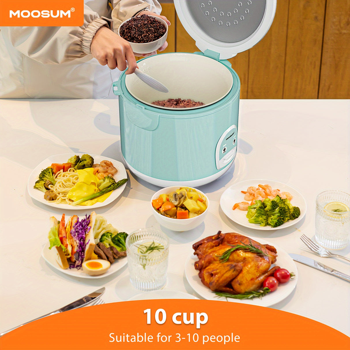 MOOSUM Electric Rice Cooker with One Touch for Asian Japanese Sushi Rice, 10-cup Uncooked/20-cup Cooked, Fast&Convenient Cooker with Steamer, Stainless Steel Housing and Auto Warmer