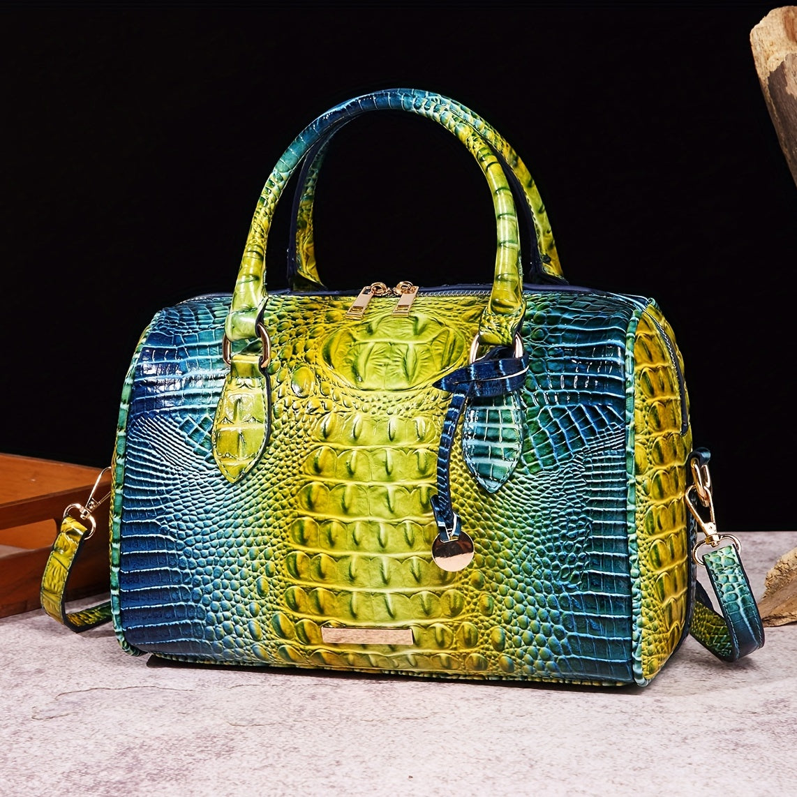 Luxury Crocodile Pattern Handbag, Retro Genuine Purse, Women's Classic Boston Bag & Shoulder Bag