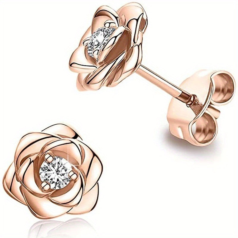 Shiny Zircon Flower Stud Earrings - Delicate Daily Jewelry for Women