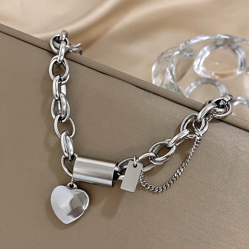 Punk Chunky Golden Color Thick Chain Stainless Steel Bracelets Fashion Design Heart Love Pendant Wrist JewelryNew Year's Gifts Valentine's Day Gifts