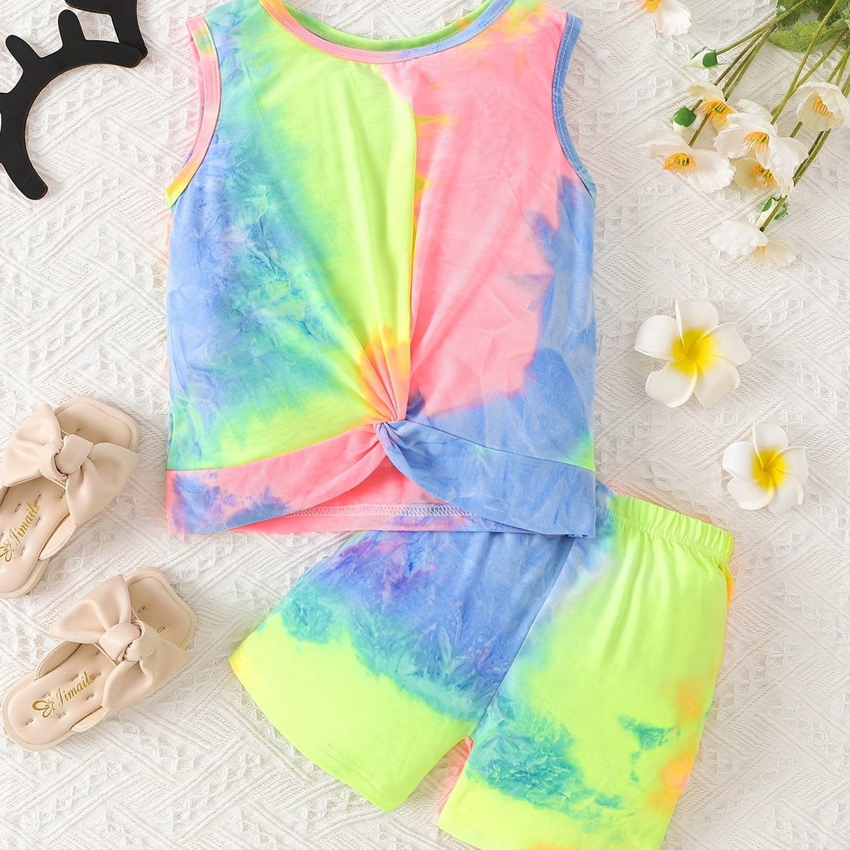 Girl's 2pcs Knotted Tank Top & Elastic Waist Shorts Set, Tie-dye Print Leggings, Casual Outfits, Kids Clothes For Summer