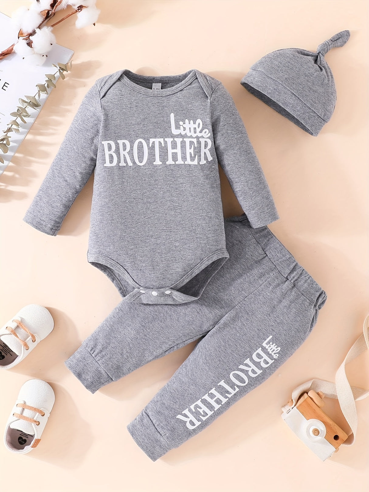 3pcs Baby Boy Long-sleeved Romper + Trousers + Hat, Casual Cotton Set