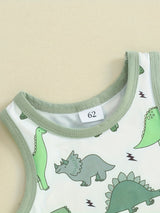 2-Piece Toddler Boys Set, Summer Outfit, Elastic Waist, Crew Neck Tank Top + Shorts, Casual Dinosaur Print Clothing Set