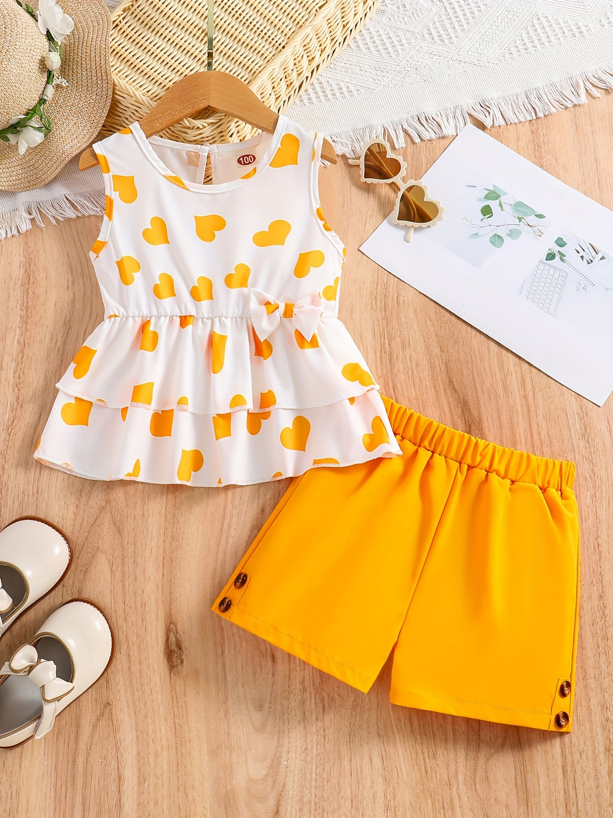 Girls Casual Trendy Cute Heart Graphic Sleeveless Peplum Top & Shorts Set For Summer Holiday Party Kids Clothes