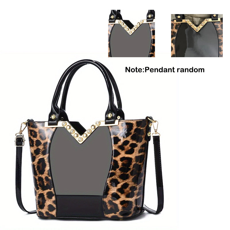 Elegant Leopard Pattern Handbag, Bright PU Leather Crossbody Bag, Fashion Double Handle Purse For Women