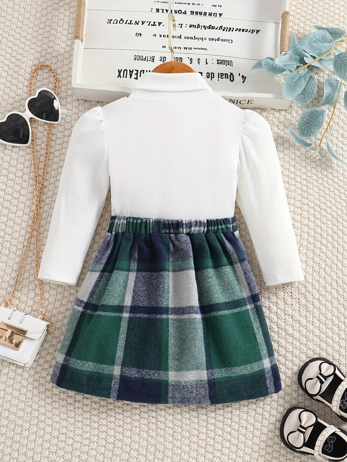 Girl's Elegant 2pcs, Ribbed Long Sleeve Top & Skirt Set, Button Decor Plaid Print Casual Outfits, Kids Clothes For Spring Autumn