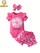 KuKitty Baby Girl Clothes Summer Ruffle Sleeve Sunflower Print Romper Floral Shorts Headband, Infant Girls 3pcs Outfits Set, for Outdoor
