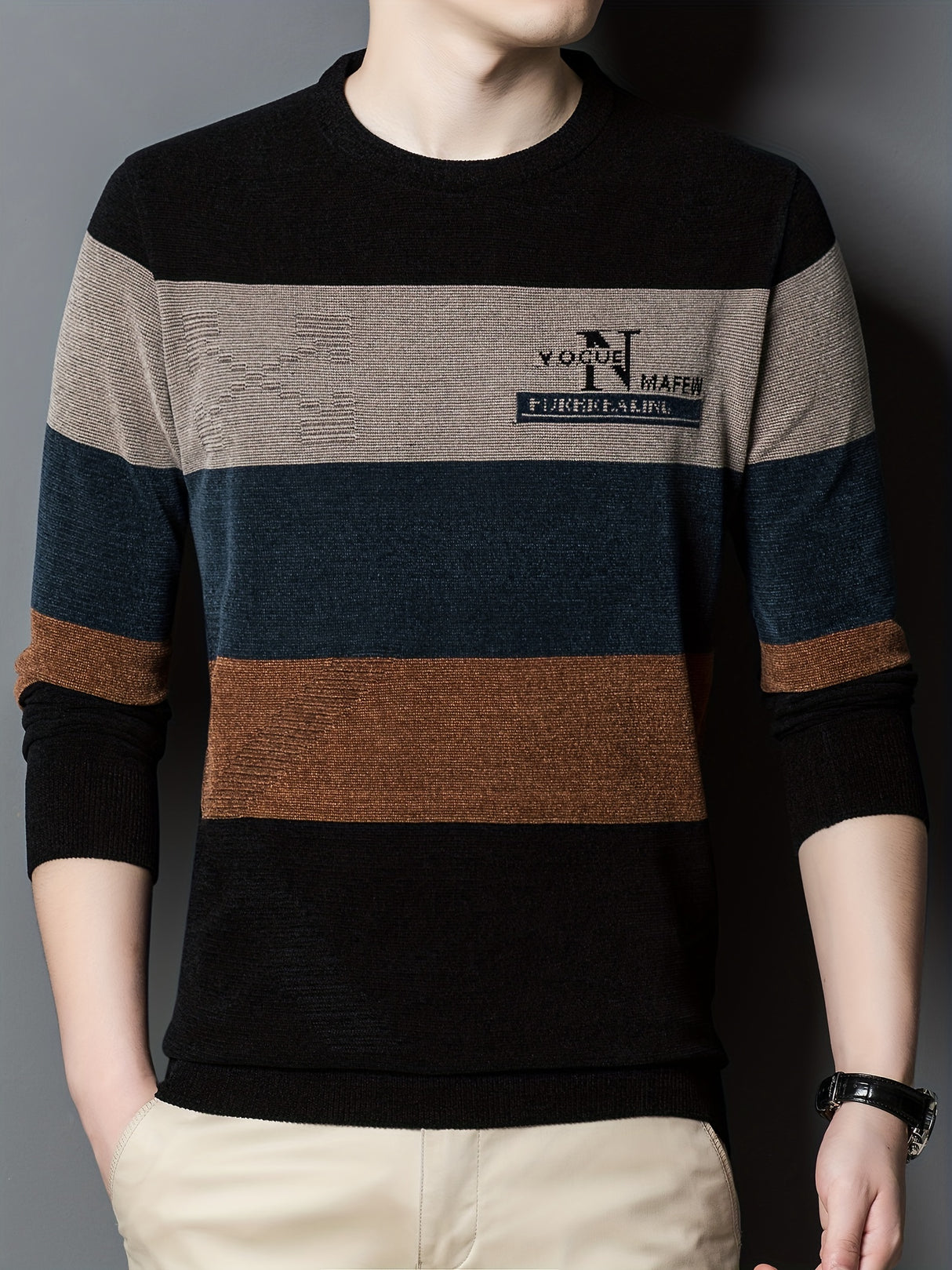 All Match Knitted Color Block Sweater, Men's Casual Warm High Stretch Crew Neck Pullover Sweater For Men Fall Winter