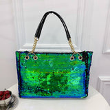 Large Capacity Sequin Glitter Tote Bag - Sparkly Bling Metal Chain Shoulder Bag with Fixed Straps, Polyester Lining, and Zipper Closure - Perfect Casual Commuter Bag for Carnaval and Everyday Use, Great Gift Idea