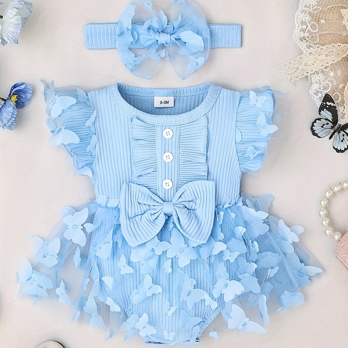 Baby Girl Clothes Cap Sleeve Butterfly Applique Romper Dress+Headband