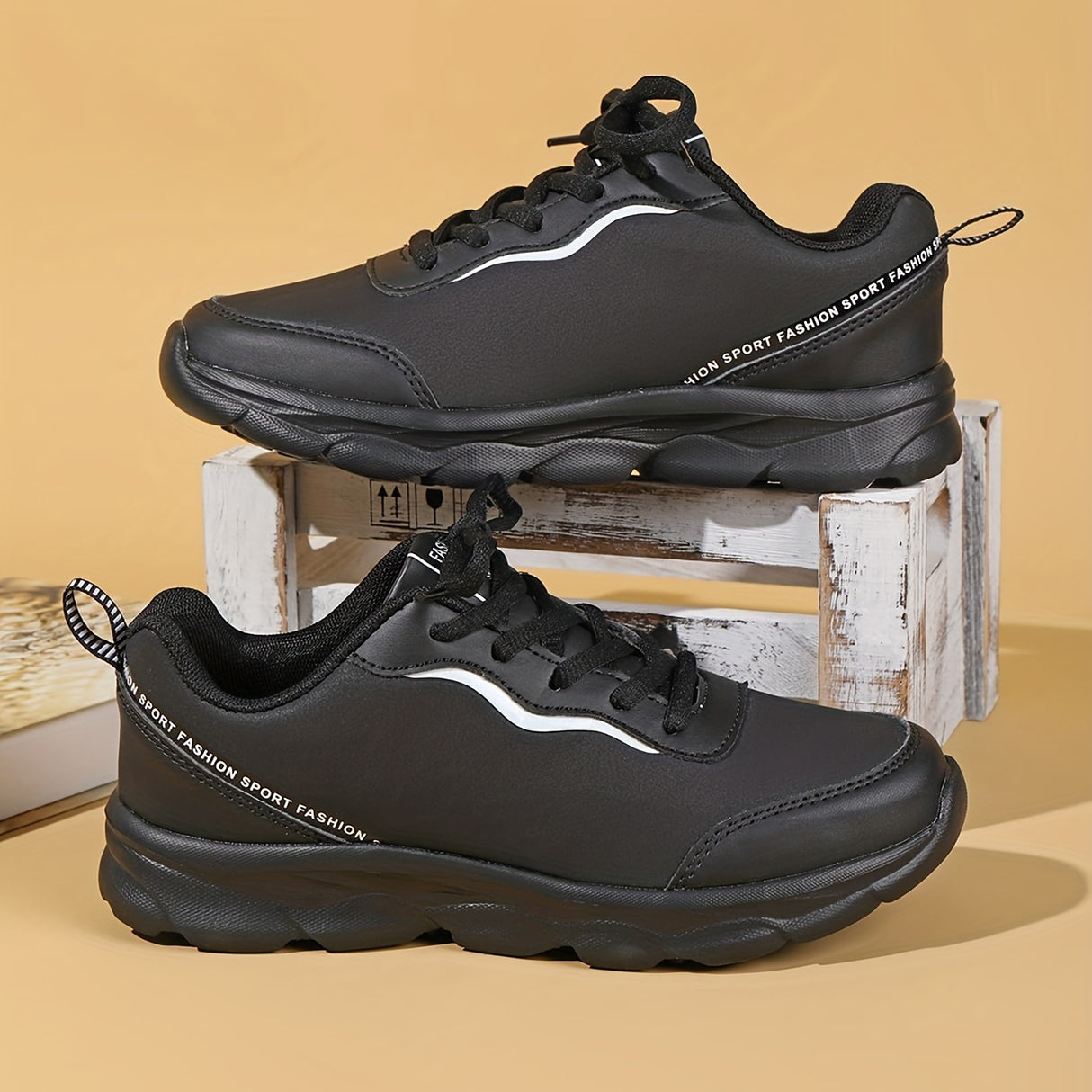 Women's Black Non-slip Sneakers, Casual Lace Up Faux Leather Running Shoes, Lightweight Outdoor Jogging Shoes