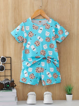 Boys Cartoon Biscuit And Milk Outfit Shorts & T-shirt Short Sleeves Crew Neck Casual Summer Kids Clothes