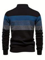 Cotton Knitted Color Block Sweater, Men's Casual Warm Slightly Stretch Half Zipper V Neck Pullover Sweater For Men Fall Winter