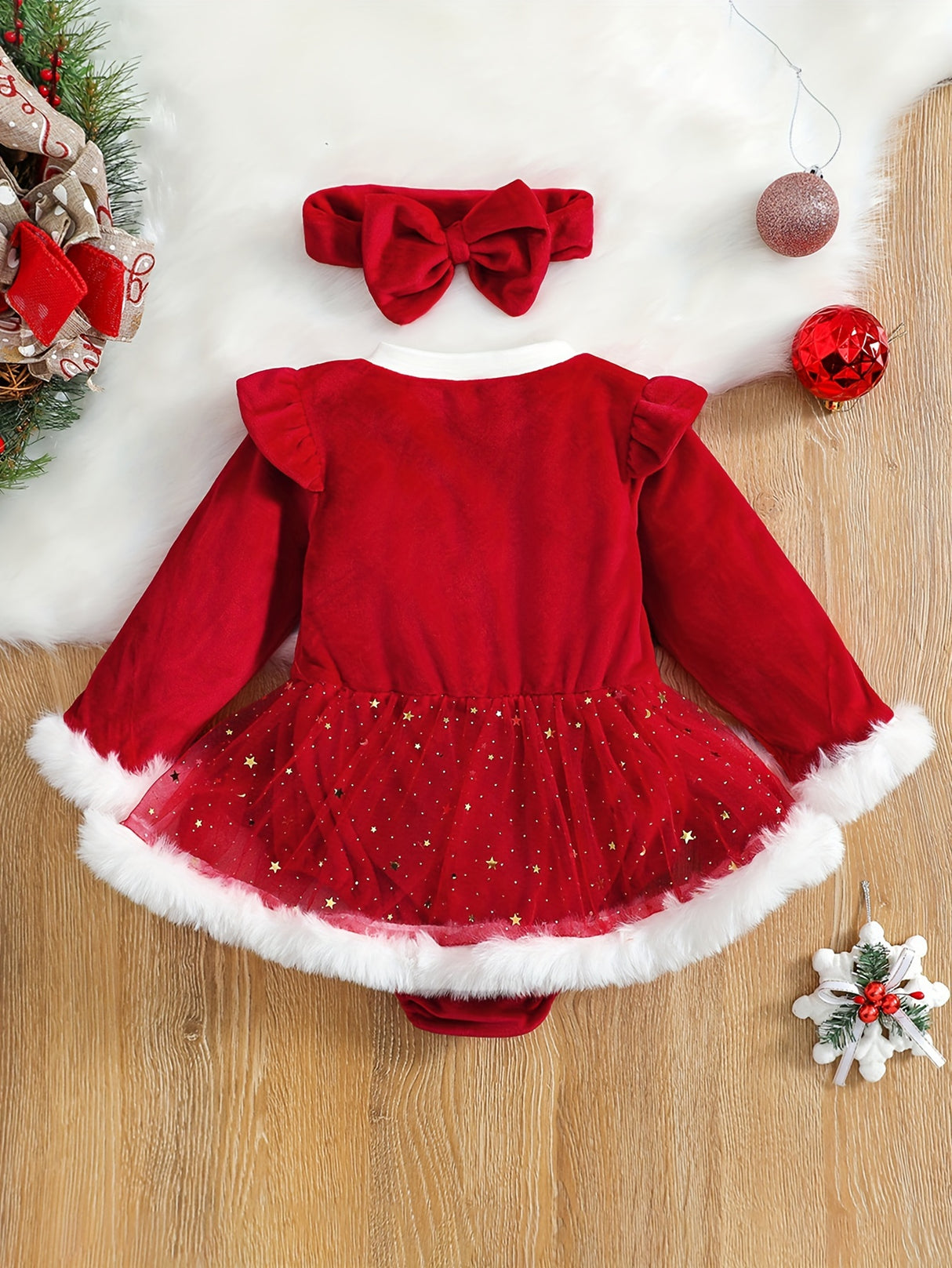 2PCS Adorable Infant Baby Girl Christmas Outfit - Faux Fur Patchwork Long Sleeve Round Neck Romper Dress Jumpsuit Skirt with Bow Headband - Soft, Cozy, and Festive Holiday Clothing Set for Little Princess