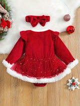 2PCS Adorable Infant Baby Girl Christmas Outfit - Faux Fur Patchwork Long Sleeve Round Neck Romper Dress Jumpsuit Skirt with Bow Headband - Soft, Cozy, and Festive Holiday Clothing Set for Little Princess