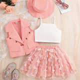4-Piece Girl's Vest, Camisole, Hat, and Elastic Waist Skirt Set - Butterfly Mesh Decor, Cute Trendy Outfits for Summer, Breathable, Comfortable, and Adorable Kids Clothes for Little Princesses