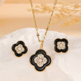 Elegant Flower Pendant Necklace and Stud Earrings Set with Shiny Zircon Inlay - Stunning Copper Jewelry Set for Women