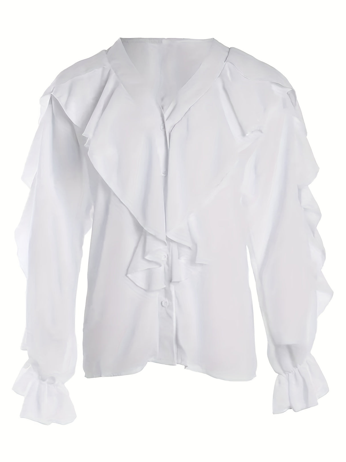 Flirty Ruffle Trim Blouse - Solid Color with Classy Button Front, Flowy Long Sleeves - Feminine Casual Top for Women