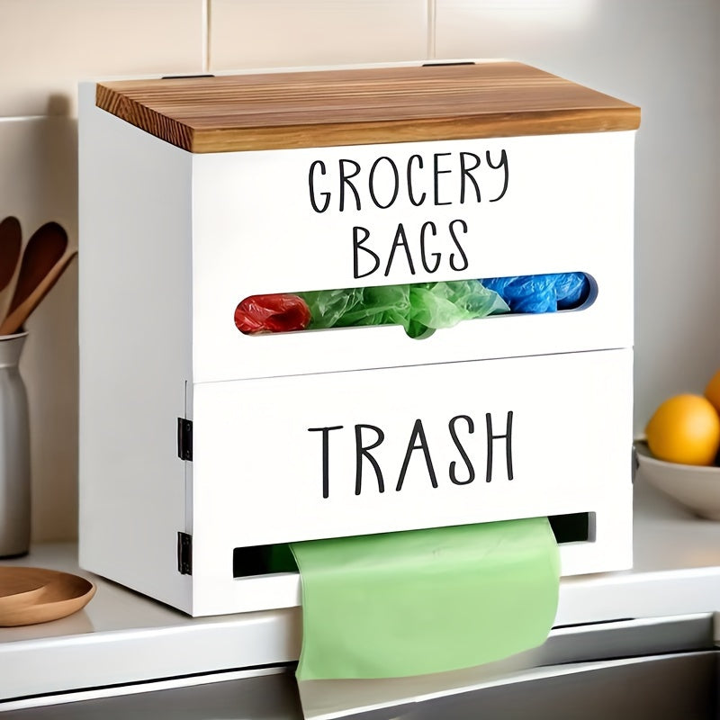 2-in-1 Wooden Wall-Mount Garbage Bag Dispenser & Organizer - Large Capacity, White/Black for Kitchen & Bathroom Essentials