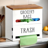 2-in-1 Wooden Wall-Mount Garbage Bag Dispenser & Organizer - Large Capacity, White/Black for Kitchen & Bathroom Essentials