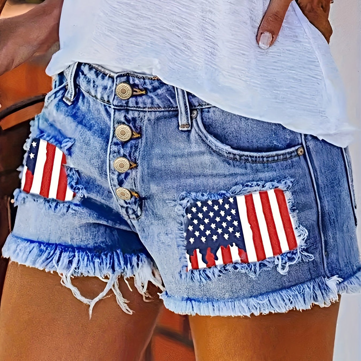 Stylish High-Waisted Ripped Patchwork Denim Shorts - Women Denim Shorts with Light Blue Washed Distressed, Cute American Flag Print, Single-breasted, Independence Day 4th Of July Summer Fashion, Casual Comfortable Shorts for