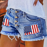 Stylish High-Waisted Ripped Patchwork Denim Shorts - Women Denim Shorts with Light Blue Washed Distressed, Cute American Flag Print, Single-breasted, Independence Day 4th Of July Summer Fashion, Casual Comfortable Shorts for