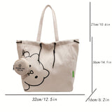 Simple Cartoon Bear Canvas Shoulder Bag, Versatile All-Match Tote Bag With Mini Coin Purse