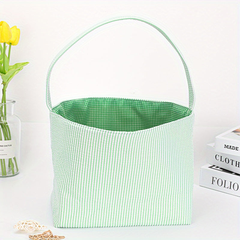 1pc Large Capacity Tote Bag, Easter Gift Bag, Easter Eggs Storage Bucket, Striped Seersucker Bunny Bag, Hunting Easter Eggs Handbag, Easter Party Decorations Gifts Bag, Party Tote Bags, Easter Gift Party Supplies