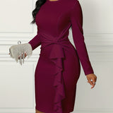 Long Sleeve Solid Ruffle Trim Belted Elegant Dress for Spring & Fall, Women's Clothing