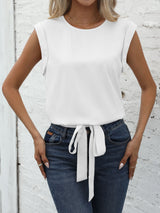 Chic Keyhole Back Tie Front Blouse - Effortless Casual Style with Classic Crew Neck Design - Perfect for Womens Spring and Summer Fashion