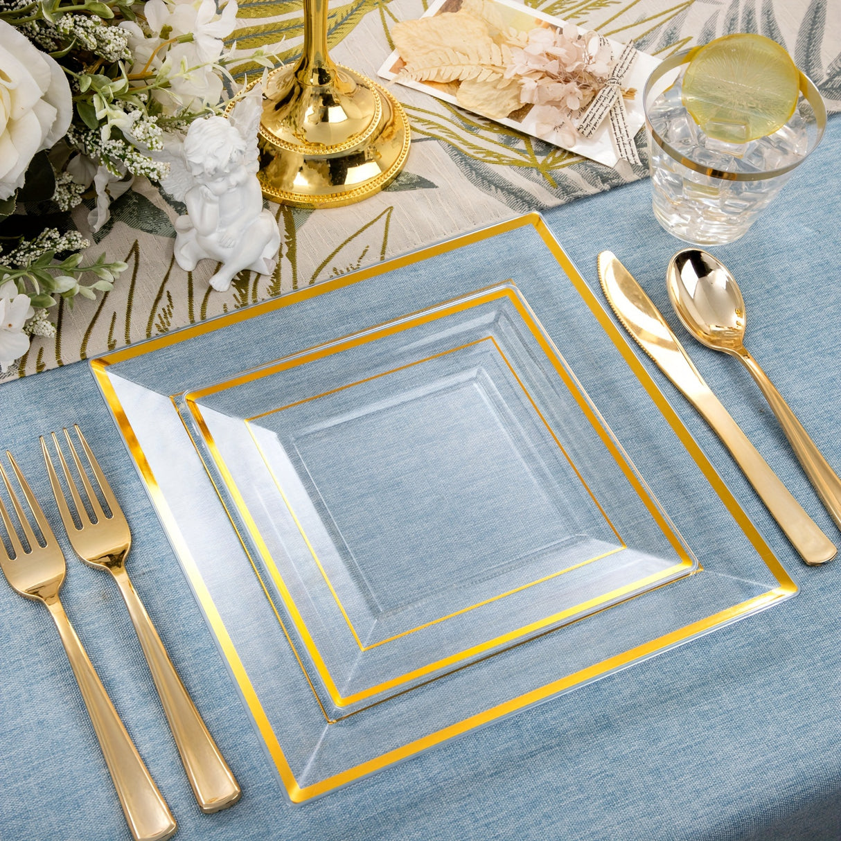 175 PCS Clear Gold Plastic Plates, Gold Plastic Dinnerware Sets Includes: 25 Dinner Plates, 25 Salad Plates, 25 Pre Rolled Napkins with Gold silverware, 25 Cups 9 OZ, Perfect for Wedding and Party (gold/rose gold), Hand washa